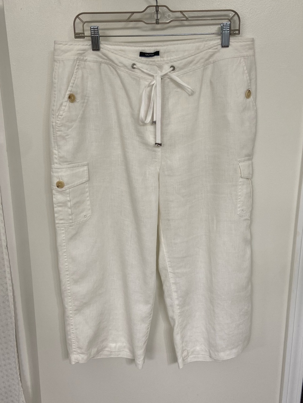 Nautica Women’s Size 12 White 100% Linen Cargo Capri Pants Drawstring Coastal